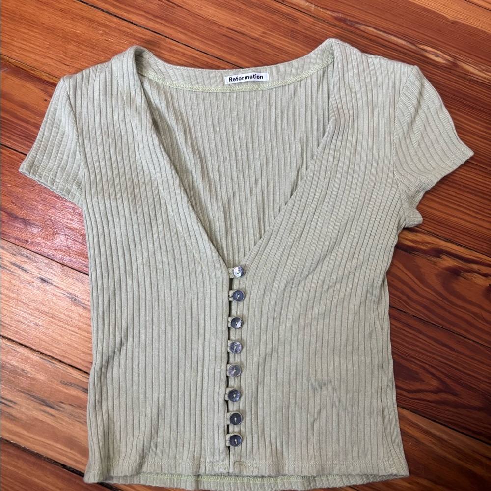 Reformation Green Ribbed Button-Down Blouse - Picture 2 of 6